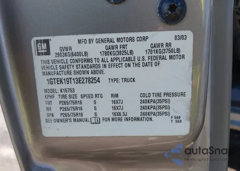 2003 GMC Sierra 1500 Slt из США, поврежденный, VIN 1GTEK19T13E278254